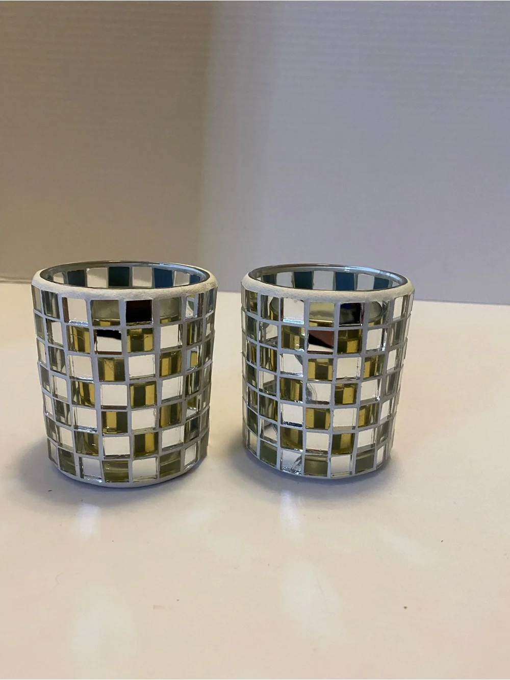 Silver Mirror Mosaic Votive Glass Candle Holder With Gold Insert Set Of 2